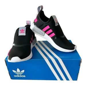 Adidas Size 1 Kids MND 360 Slip On Black Shock Pink Halo Silver Sneakers